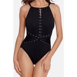MagicSuit Women's‎ Swimsuit Size 14 Black Riveted Diana One Piece By Miraclesuit